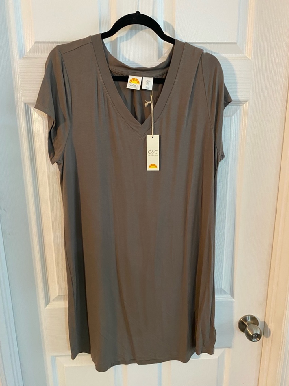 C&C California Short Sleeve V-Neck Tunic in Taupe